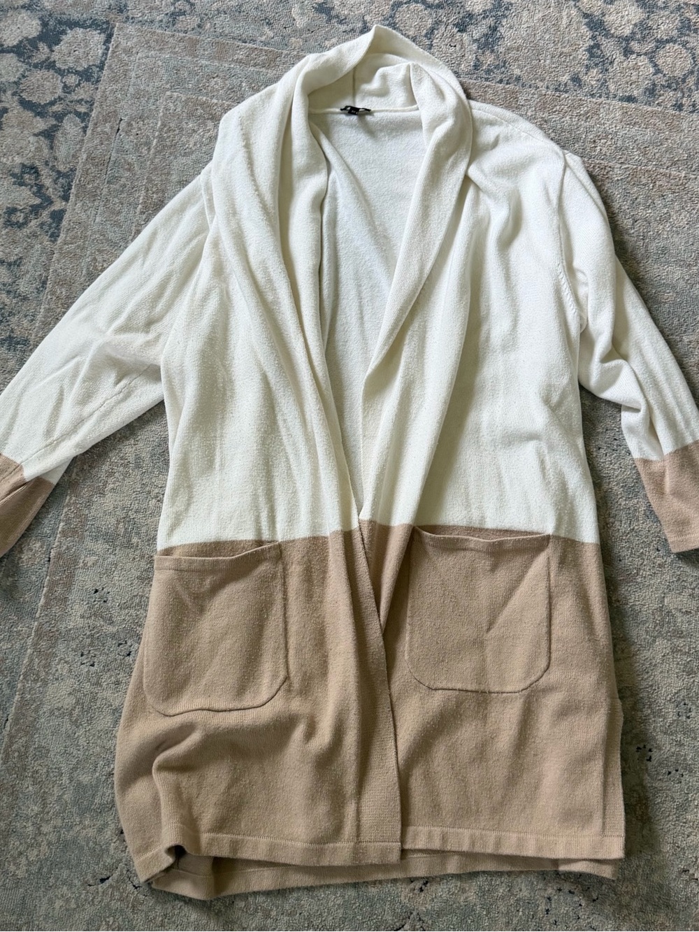 Talbots Cream and Tan Open-Front Colorblock Cardigan